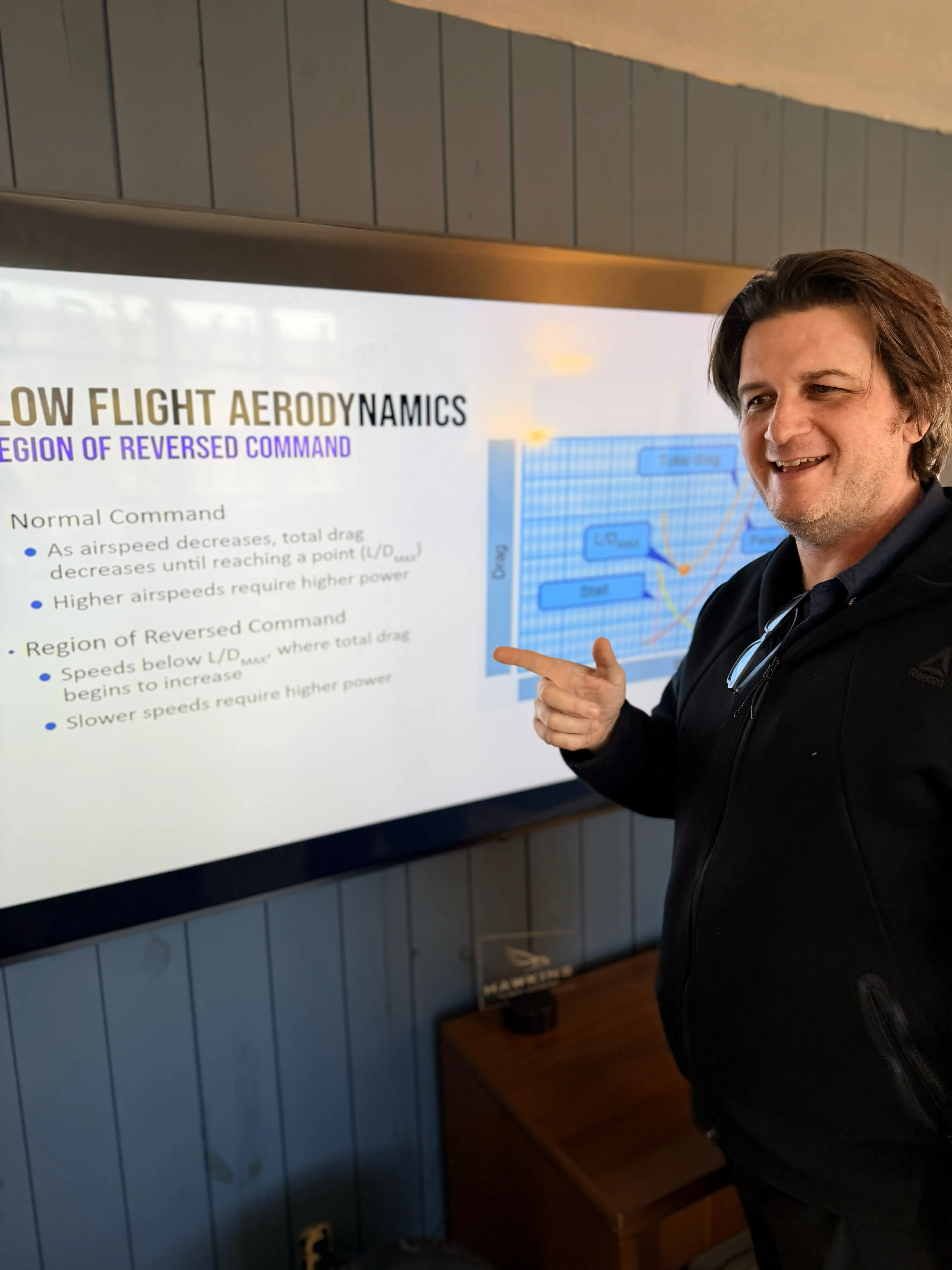Man making explanation while standing in front of a monitor with information about low flight aerodynamics