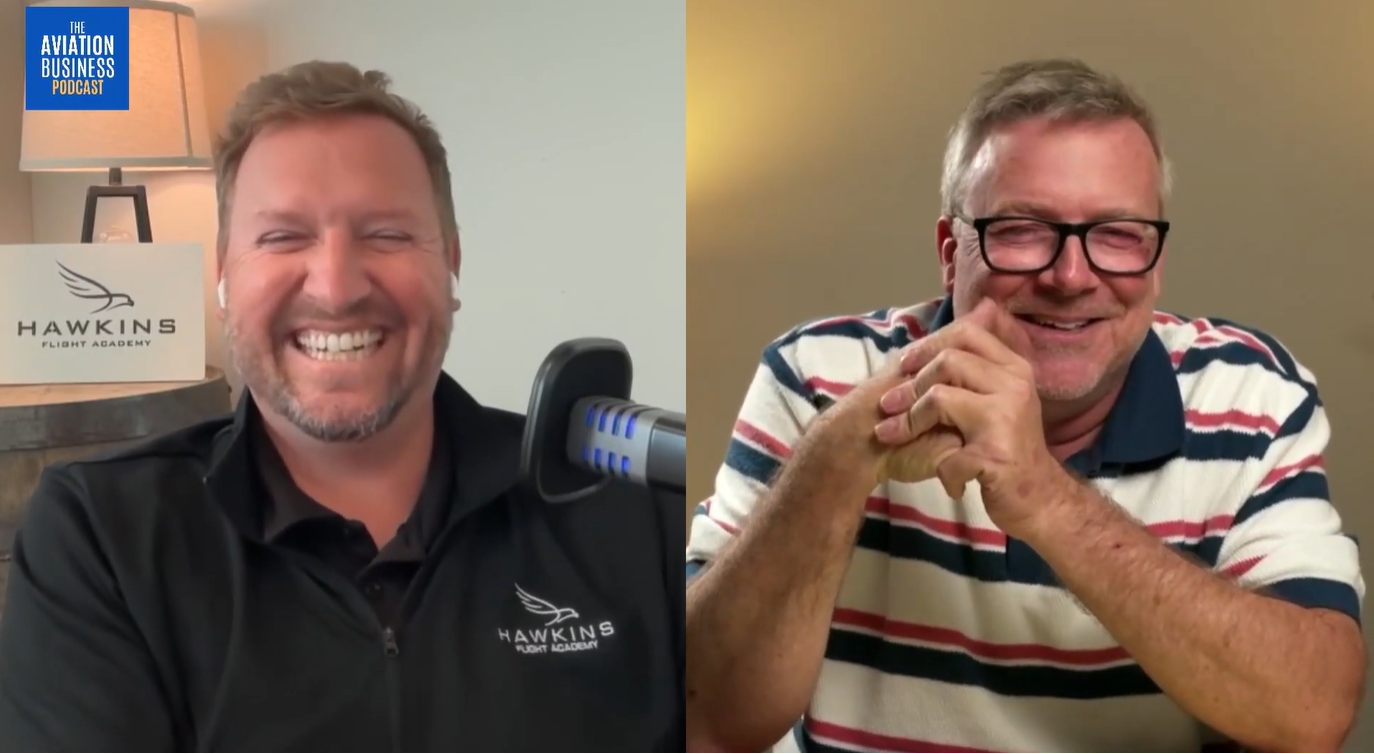 Screenshot of Matt Wilkins, Hawkins co-founder and COO, and Dan Gill, host of The Aviation Business Podcast, discussing flight training, Matt's early training challenges, and the new pilot generation