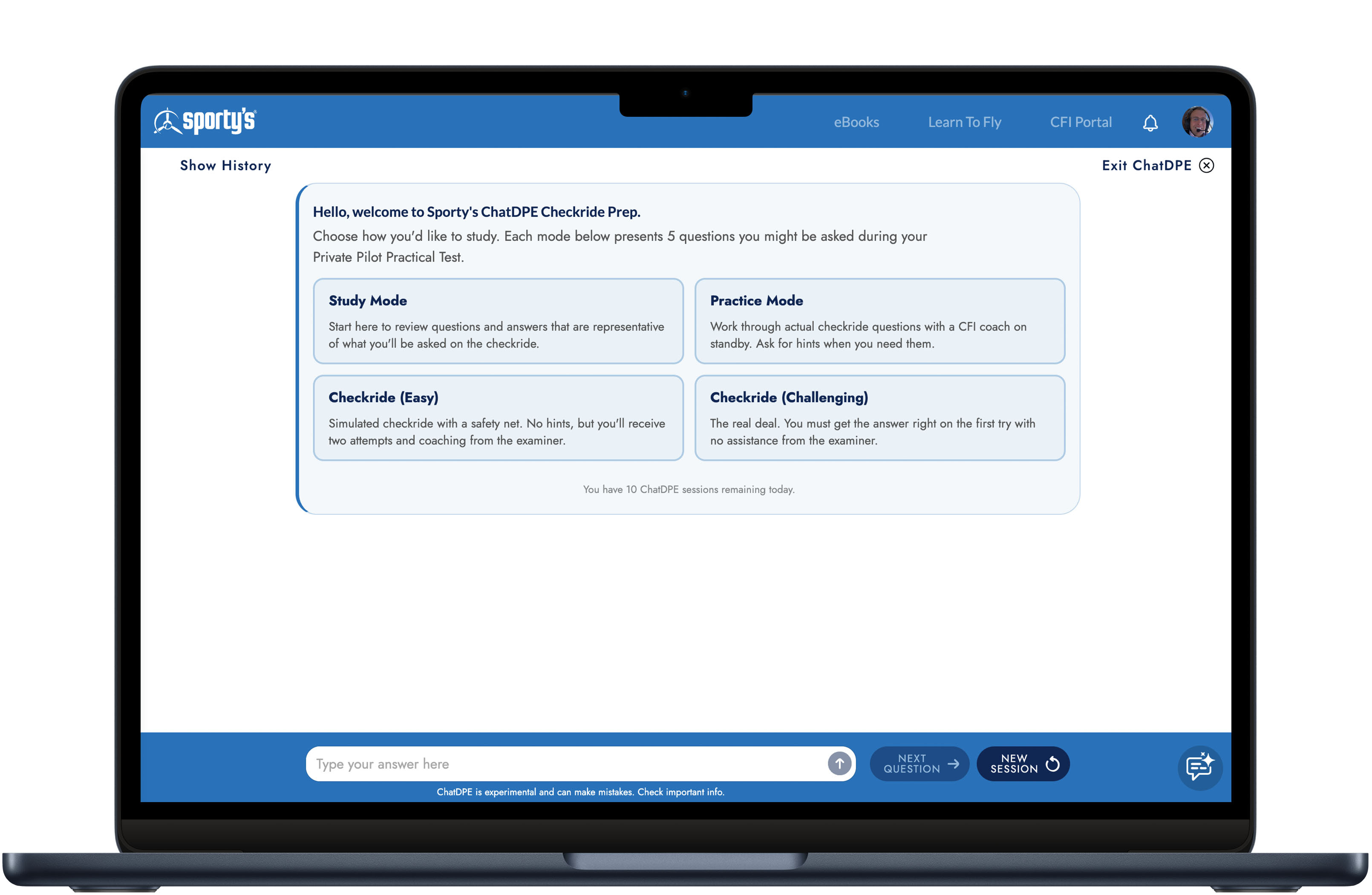 ChatDPE study and checkride practice modes