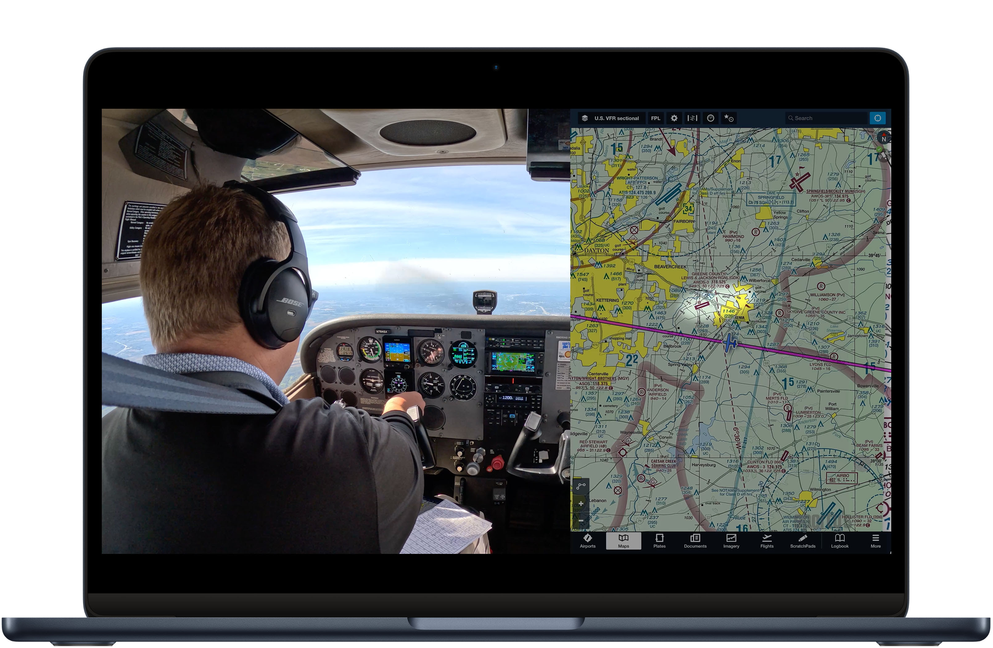 Cross-country flight lesson with cockpit view and digital chart